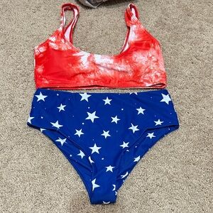Shein Red Tie Dye and Blue Star High Waisted Bikini Set